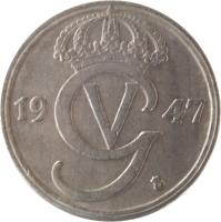 Sweden coin 50 Öre - Gustaf V (1920 - 1947) obverse obverse of 50 Öre - Gustaf V (1920 - 1947) coin with KM# 796 from Sweden. Inscription: 19 47