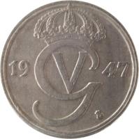 obverse of 50 Öre - Gustaf V (1920 - 1947) coin with KM# 796 from Sweden. Inscription: 19 47