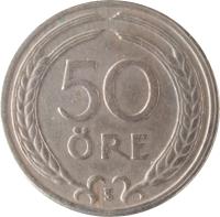 reverse of 50 Öre - Gustaf V (1920 - 1947) coin with KM# 796 from Sweden. Inscription: 50 ÖRE