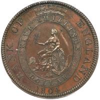 United Kingdom coin 1 Dollar - George III (1804) reverse reverse of 1 Dollar - George III (1804) coin with KM# Tn1a from United Kingdom. Inscription: BANK OF ENGLAND FIVE SHILLINGS DOLLAR 1804