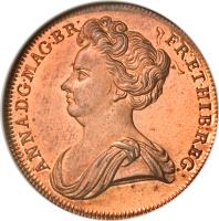 obverse of 1/2 Penny - Anne (1707) coin with KM# PnA34 from United Kingdom. Inscription: ANNA · D:G · MAG:BR: FR:ET · HIB:REG: