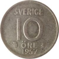 reverse of 10 Öre - Gustaf VI Adolf (1952 - 1962) coin with KM# 823 from Sweden. Inscription: SVERIGE 10 ØRE TS 1953