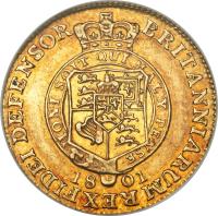 reverse of 1/2 Guinea - George III (1801 - 1803) coin with KM# 649 from United Kingdom. Inscription: HONI SOIT QUI MAL Y PENSE · BRITANNIARUM REX FIDEI DEFENSOR 18 01