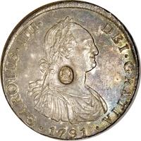 obverse of 8 Reales - George III - Countermarked Coinage (1791 - 1793) coin with KM# 73 from United Kingdom. Inscription: CAROLUS · IIII · DEI · GRATIA · · 1791 ·