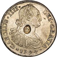 obverse of 8 Reales - George III - Countermarked Coinage (1791 - 1794) coin with KM# 627 from United Kingdom. Inscription: CAROLUS · IIII · DEI · GRATIA · · 1794 ·