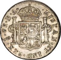 United Kingdom coin 8 Reales - George III - Countermarked Coinage (1791 - 1794) reverse reverse of 8 Reales - George III - Countermarked Coinage (1791 - 1794) coin with KM# 627 from United Kingdom. Inscription: · HISPAN · ET IND · REX · & · 8R · D · A · PLUS VLTRA