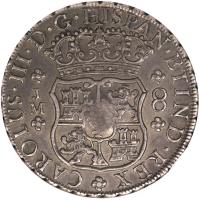 United Kingdom coin 8 Reales - George III - Countermarked Coinage (1772) reverse reverse of 8 Reales - George III - Countermarked Coinage (1772) coin with KM# 636 from United Kingdom. Inscription: CAROLVS · III · D · G · HISPAN · ET IND · REX J M 8