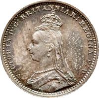 obverse of 2 Pence - Victoria - Maundy Coinage; 2'nd Portrait (1888 - 1892) coin with KM# 771 from United Kingdom. Inscription: VICTORIA DEI GRATIA BRITT:REGINA F:D: