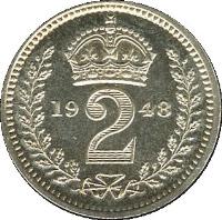 reverse of 2 Pence - George VI - Maundy Coinage (1947 - 1948) coin with KM# 847a from United Kingdom. Inscription: 19 2 48