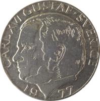 Sweden coin 1 Krona - Carl XVI Gustaf (1976 - 1981) obverse obverse of 1 Krona - Carl XVI Gustaf (1976 - 1981) coin with KM# 852 from Sweden. Inscription: CARL XVI GUSTAF · SVERIGE 1977