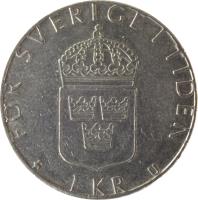 Sweden coin 1 Krona - Carl XVI Gustaf (1976 - 1981) reverse reverse of 1 Krona - Carl XVI Gustaf (1976 - 1981) coin with KM# 852 from Sweden. Inscription: FÖR SVERIGE I TIDEN 1 KR U