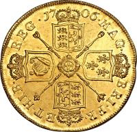 United Kingdom coin 5 Guineas - Anne (1706) reverse reverse of 5 Guineas - Anne (1706) coin with KM# 521 from United Kingdom. Inscription: MAG · BRI · FR · ET · HIB · REG · 17 06 ·