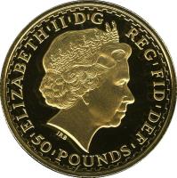 obverse of 50 Pounds - Elizabeth II - Britannia standing Bullion; 4'th Portrait (2002 - 2006) coin with KM# 1010 from United Kingdom. Inscription: ELIZABETH|II|D|G REG|FID|DEF |50|POUNDS| IRB