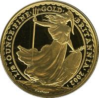 reverse of 50 Pounds - Elizabeth II - Britannia standing Bullion; 4'th Portrait (2002 - 2006) coin with KM# 1010 from United Kingdom. Inscription: |I/2|ONE|OUNCE|FINE| |GOLD| |BRITANNIA|2002| P.NATHAN