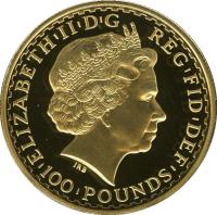 obverse of 100 Pounds - Elizabeth II - Britannia standing Bullion; 4'th Portrait (2002 - 2006) coin with KM# 1011 from United Kingdom. Inscription: ELIZABETH|II|D|G REG|FID|DEF |100|POUNDS| IRB
