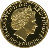 United Kingdom coin 100 Pounds - Elizabeth II - Britannia standing Bullion; 4'th Portrait (2002 - 2006) obverse obverse of 100 Pounds - Elizabeth II - Britannia standing Bullion; 4'th Portrait (2002 - 2006) coin with KM# 1011 from United Kingdom. Inscription: ELIZABETH|II|D|G REG|FID|DEF |100|POUNDS| IRB