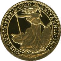 reverse of 100 Pounds - Elizabeth II - Britannia standing Bullion; 4'th Portrait (2002 - 2006) coin with KM# 1011 from United Kingdom. Inscription: |ONE|OUNCE|FINE| |GOLD| |BRITANNIA|2002| P.NATHAN
