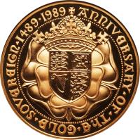 reverse of 5 Pounds - Elizabeth II - Anniversary of the Gold Sovereign (1989) coin with KM# 958 from United Kingdom. Inscription: AnnIVERSARY · OF · ThE · GOLD · SOVEREIGn · 1489 · 1989