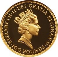 obverse of 100 Pounds - Elizabeth II - Britannia Gold Bullion (1990 - 1996) coin with KM# 953a from United Kingdom. Inscription: ELIZABETH|II|D|G REG|FID|DEF |100|POUNDS|