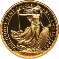 reverse of 100 Pounds - Elizabeth II - Britannia Gold Bullion (1990 - 1996) coin with KM# 953a from United Kingdom. Inscription: |ONE|OUNCE|FINE| |GOLD| |BRITANNIA|1992| P.NATHAN