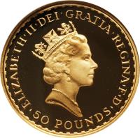 obverse of 50 Pounds - Elizabeth II - Britannia Gold Bullion (1990 - 1996) coin with KM# 952a from United Kingdom. Inscription: ELIZABETH|II|D|G REG|FID|DEF |50|POUNDS|