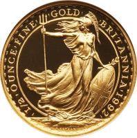 reverse of 50 Pounds - Elizabeth II - Britannia Gold Bullion (1990 - 1996) coin with KM# 952a from United Kingdom. Inscription: |I/2|ONE|OUNCE|FINE| |GOLD| |BRITANNIA|2002| P.NATHAN