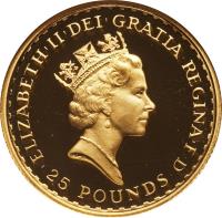 obverse of 25 Pounds - Elizabeth II - Britannia Gold Bullion (1990 - 1996) coin with KM# 951a from United Kingdom. Inscription: ELIZABETH|II|D|G REG|FID|DEF |25|POUNDS|