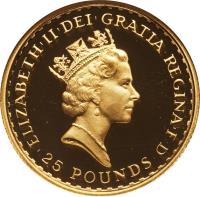 United Kingdom coin 25 Pounds - Elizabeth II - Britannia Gold Bullion (1990 - 1996) obverse obverse of 25 Pounds - Elizabeth II - Britannia Gold Bullion (1990 - 1996) coin with KM# 951a from United Kingdom. Inscription: ELIZABETH|II|D|G REG|FID|DEF |25|POUNDS|