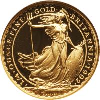 United Kingdom coin 25 Pounds - Elizabeth II - Britannia Gold Bullion (1990 - 1996) reverse reverse of 25 Pounds - Elizabeth II - Britannia Gold Bullion (1990 - 1996) coin with KM# 951a from United Kingdom. Inscription: |I/4|ONE|OUNCE|FINE| |GOLD| |BRITANNIA|I998| P.NATHAN