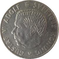 Sweden coin 1 Krona - Gustaf VI Adolf (1968 - 1973) obverse obverse of 1 Krona - Gustaf VI Adolf (1968 - 1973) coin with KM# 826a from Sweden. Inscription: GUSTAF VI ADOLF SVERIGES KONUNG U ·