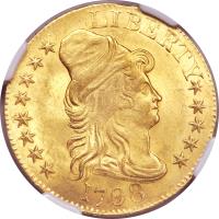 obverse of 5 Dollars - Liberty Cap / Large Heraldic Eagle (1795 - 1807) coin with KM# 28 from United States. Inscription: LIBERTY 1798