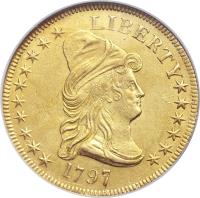 United States coin 10 Dollars - Liberty Cap / Large Heraldic Eagle (1797 - 1804) obverse obverse of 10 Dollars - Liberty Cap / Large Heraldic Eagle (1797 - 1804) coin with KM# 30 from United States. Inscription: LIBERTY 1797