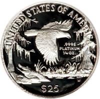 reverse of 25 Dollars - Vistas of Liberty: Southeastern Wetlands - American Platinum Eagle Bullion (1999) coin with KM# 302 from United States. Inscription: UNITED STATES OF AMERICA .9995 PLATINUM ¼ OZ. W $25