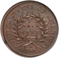 reverse of 1/2 Cent (1793) coin with KM# 10 from United States. Inscription: UNITED STATES OF AMERICA HALF CENT 1/200