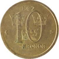 reverse of 10 Kronor - Carl XVI Gustaf (1991 - 2000) coin with KM# 877 from Sweden. Inscription: 1992 10 KRONOR