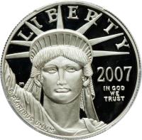 obverse of 100 Dollars - American Platinum Eagle Bullion (2007) coin with KM# 417 from United States. Inscription: LIBERTY 2007 JM IN GOD WE TRUST E PLURIBUS UNUM