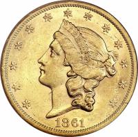 United States coin 20 Dollars - Liberty Head Double Eagle (1861) obverse obverse of 20 Dollars - Liberty Head Double Eagle (1861) coin with KM# 93 from United States. Inscription: LIBERTY 1861