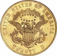 reverse of 20 Dollars - Liberty Head Double Eagle (1861) coin with KM# 93 from United States. Inscription: UNITED STATES OF AMERICA E PLURIBUS UNUM S TWENTY D