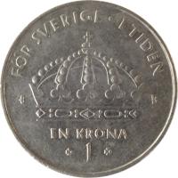 Sweden coin 1 Krona - Carl XVI Gustaf (2001 - 2012) reverse reverse of 1 Krona - Carl XVI Gustaf (2001 - 2012) coin with KM# 894 from Sweden. Inscription: FÖR SVERIGE · I TIDEN EN KRONA 1 H
