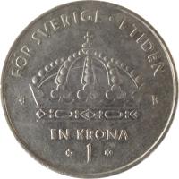 reverse of 1 Krona - Carl XVI Gustaf (2001 - 2012) coin with KM# 894 from Sweden. Inscription: FÖR SVERIGE · I TIDEN EN KRONA 1 H