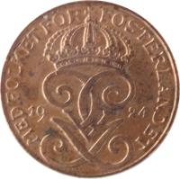 obverse of 1 Öre - Gustaf V (1909 - 1950) coin with KM# 777 from Sweden. Inscription: MET FOLKET FÖR FOSTERLANDET GGV 1938