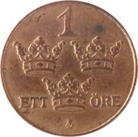 reverse of 1 Öre - Gustaf V (1909 - 1950) coin with KM# 777 from Sweden. Inscription: 1 ETT ØRE