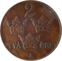reverse of 2 Öre - Gustaf V (1909 - 1950) coin with KM# 778 from Sweden. Inscription: 2 TVÅ ØRE