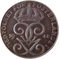 obverse of 2 Öre - Gustaf V (1942 - 1950) coin with KM# 811 from Sweden. Inscription: MET FOLKET FÖR FOSTERLANDET GGV 1947