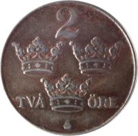 reverse of 2 Öre - Gustaf V (1942 - 1950) coin with KM# 811 from Sweden. Inscription: 2 TVÅ ØRE