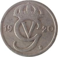Sweden coin 10 Öre - Gustaf V (1920 - 1947) obverse obverse of 10 Öre - Gustaf V (1920 - 1947) coin with KM# 795 from Sweden. Inscription: 19 20