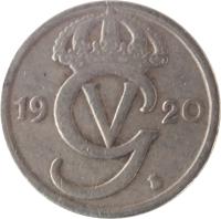 obverse of 10 Öre - Gustaf V (1920 - 1947) coin with KM# 795 from Sweden. Inscription: 19 20