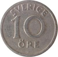 Sweden coin 10 Öre - Gustaf V (1920 - 1947) reverse reverse of 10 Öre - Gustaf V (1920 - 1947) coin with KM# 795 from Sweden. Inscription: SVERIGE 10 ÖRE