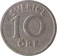 reverse of 10 Öre - Gustaf V (1920 - 1947) coin with KM# 795 from Sweden. Inscription: SVERIGE 10 ÖRE