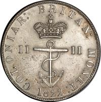 British West Indies coin 1/2 Dollar - George IV (1821 - 1822) reverse reverse of 1/2 Dollar - George IV (1821 - 1822) coin with KM# 4 from British West Indies. Inscription: COLONIAR: BRITAN: MONET: II II 1822